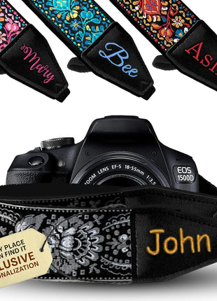 Camera Strap - Shoulder, Crossbody & Neck Camera Strap for Photographers, Fits All Cameras, Canon Nikon Sony Fujifilm, Padded Strap W/ Quick Release, Embroidered Cotton & Leather Ends, Blue