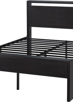 SHA CERLIN 14 Inch Queen Size Metal Platform Bed Frame with Wooden Headboard and Footboard, Mattress Foundation, No Box Spring Needed, Large Under Bed Storage, Non Slip Without Noise, Black Oak