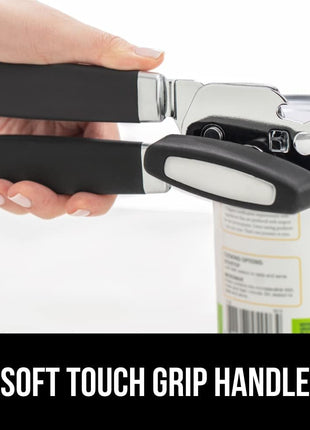 GORILLA GRIP Heavy Duty Stainless Steel Smooth Edge Manual Can Opener and Bottle Openers, Soft Comfortable Handle, Oversized Handheld Turn Knob, US Designed Multifunctional Kitchen Tool, Black