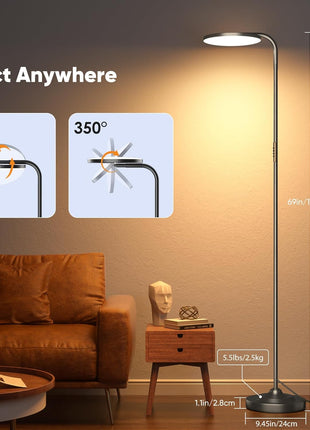36W LED Floor Lamp, Super Bright Standing Lamp, Modern Stepless Dimmable Torchiere Tall Lamp with Remote Control, 350°Rotating Head Reading Floor Lamp for Living Room, Bedroom, Office