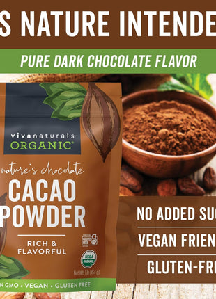 Organic Cacao Powder, Unsweetened, 1 lb (454 g) – Rich Dark Chocolate Flavor, Perfect for Baking, Smoothies & Hot Chocolate – Vegan, Keto, Paleo, Non-GMO & Gluten-Free Cocoa Powder