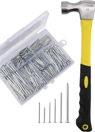 376PCS Nails & Hammer Set, 8oz Hammer, 6 Nail Sizes for Hanging Pictures | Rustproof Coating, Soft Non-Slip Grip, Perfect for Home Repairs, Woodworking, and Handmade Projects