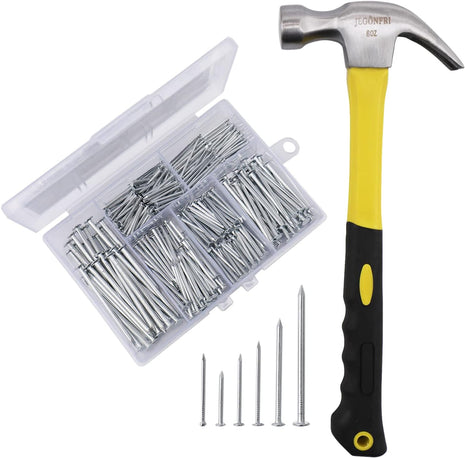 376PCS Nails & Hammer Set, 8oz Hammer, 6 Nail Sizes for Hanging Pictures | Rustproof Coating, Soft Non-Slip Grip, Perfect for Home Repairs, Woodworking, and Handmade Projects