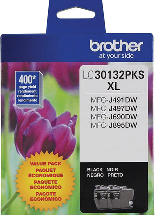 Brother Genuine LC30132PKS 2-Pack High Yield Black Ink Cartridges, Page Yield Up to 400 Pages/Cartridge, LC3013