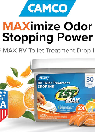 Camco TST MAX RV Toilet Treatment Drop-INs - Control Unwanted Odors & Break Down Waste and Tissue - Safe Septic Tank Treatment - Orange Scent, 30-Pack (41183)