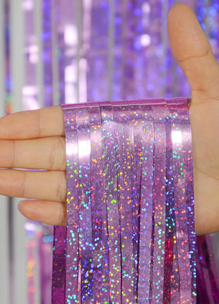 Melsan 2 Pack 3.2 ft x 8.2 ft Tinsel Foil Fringe Curtains Backdrop, Sparkle Metallic Foil Curtains for Party Photo Booth Props Decoration, Pinkish Purple
