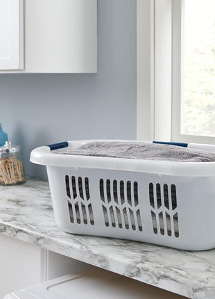Rubbermaid Large Hip Hugger Laundry Basket/Hamper, 1.5 Bushel, White, Stackable Storage Bin/Organizer for Bathroom/Bedroom/Dorm/Home