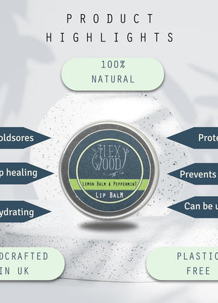 The Ilex Wood   All Natural Lip Balm   Lemon Balm and Peppermint   Cold Sore Treatment for Lips, Palm Oil Free, Cruelty Free, Plastic Free, Moisturising Lip Balm, Handcrafted   10ml (0.34 fl oz)