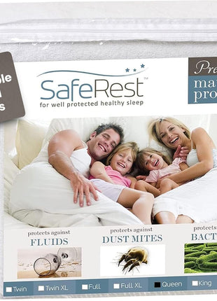 SafeRest Waterproof Queen Size Mattress Protector   Fitted with Stretchable Pockets   Machine Washable Cotton Mattress Cover for Bed