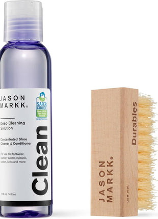 Jason Markk Essential Kit, Shoe Cleaner, 2-Piece Set, Deep Cleaning Solution & Durables Brush, Sneaker Care, Ideal for Footwear, Safe for Midsoles, Full-Grain Leather, Rubber, Plastic, and More, 4oz