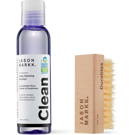 Jason Markk Essential Kit, Shoe Cleaner, 2-Piece Set, Deep Cleaning Solution & Durables Brush, Sneaker Care, Ideal for Footwear, Safe for Midsoles, Full-Grain Leather, Rubber, Plastic, and More, 4oz