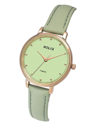 Helix by Timex Analog Watch for Women with Green Round Dial & Green Leather Strap Band Water Resistant Women's Wrist Watches - TW056HL00