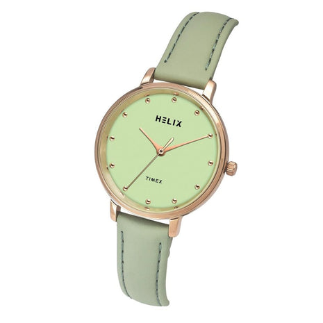 Helix by Timex Analog Watch for Women with Green Round Dial & Green Leather Strap Band Water Resistant Women's Wrist Watches - TW056HL00