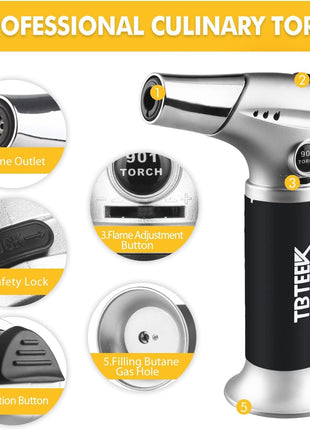 Kitchen Butane Torch with Safety Lock for Baking, Crafts & Steak | 2500°F Adjustable Continuous Flame, One-Button Piezo Ignition, Ergonomic Comfort Grip, 3 refill adapters(Butane Not Included)