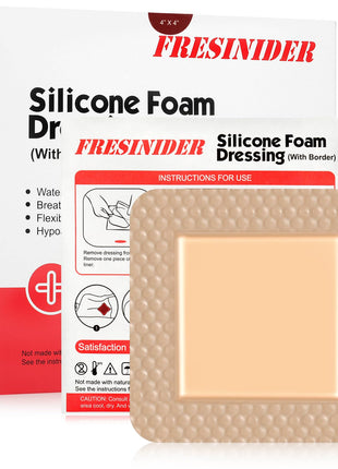 FRESINIDER Silicone Foam Dressing with Adhesive Border – Wound Dressing Bandage – Silicone Foam Pad – Pack of 10 – 4 x 4 Inches Large Waterproof Bandages – Self Adhesive Wound Care and Dressings