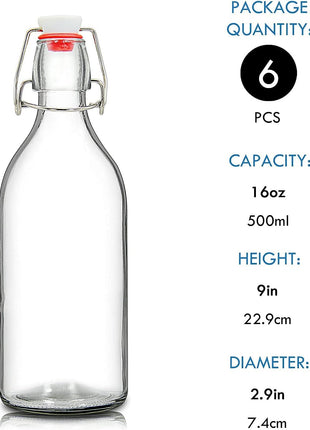 YEBODA 16oz Swing Top Bottles  Glass Beer Bottle with Airtight Rubber Seal Flip Caps for Home Brewing Kombucha,Beverages,Oil,Vinegar,Water,Soda,Kefir (6 Pack) (16 Oz  Set 6 (New))