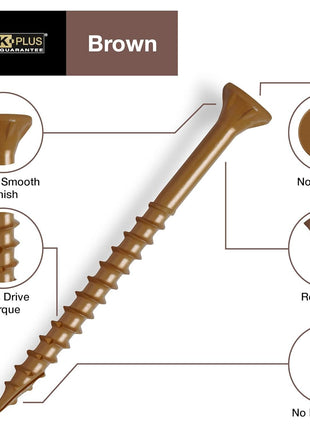 Deck Plus 2-1/2 Inch Epoxy Coated Exterior Wood and Fence Screws #10 x 2-1/2 inch Torx/Star Drive Included Coarse Thread, Outdoor Rust Resistant Decking Screw, Brown, 5 lb Box, 365 Pieces | 49007