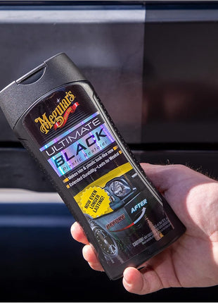Meguiar's Ultimate Black Plastic Restorer, Durable Car Restorer for Faded Black Plastic, Vinyl, and Rubber, Restores Deep Color and Shine, for Car Guys, 12 Oz