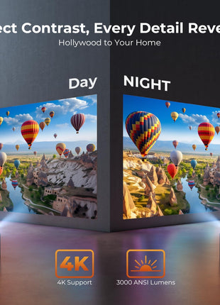 4K Projector with WiFi and Bluetooth - 3000 ANSI Lumens, ELEPHAS Outdoor Movie Projector Compatible with NETFLIX/Prime Video/YouTube, Smart Projector for HDMI/USB/iOS/Android, Portable Home Cinema