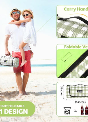 ZAZE Extra Large Picnic Outdoor Blanket, 80''x80'' Waterproof Foldable Blankets Gingham Picnic Mat for Beach, Camping Grass Lawn Park Accessories Cute Couple Gifts Ideas Wedding Registry(Green White)