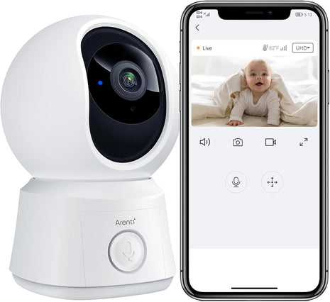 ARENTI 360° View Baby Monitor Camera, Smart Phone App, Human/Motion/Noise Detection, Auto Tracking, Customed Alert Area, 2-Way Audio, Real-Time Temperature Monitoring, Lullabies