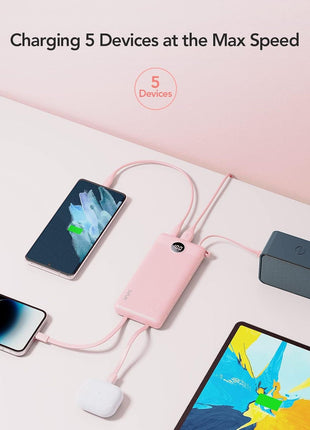 VRURC Portable Charger Power Bank, Built-in 4 Cables & 2 Ports,10000mAh Slim Battery Pack with LED Display, Travel Essential USB C Portable Phone Charger for All Cell Phones Devices-Pink(1 Pack)