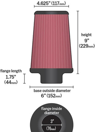 K&N High-Flow Original Lifetime Universal Clamp-On Air Filter: High Performance, Premium, Washable: Flange Diameter: 3 In, Filter Height: 9 In, Flange Length: 1.75 In, Shape: Round Tapered, RE-0810