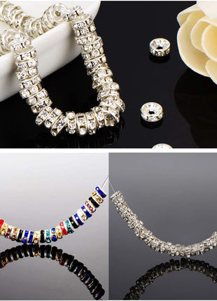 Allb 100Pcs Rondelle Spacer Beads 8mm Silver Plated Czech Crystal Rhinestone for Jewelry Making Loose Beads for Bracelets