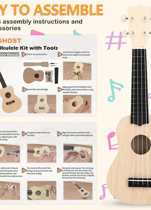 DIY Ukulele Kit with Tools(21 inch) - Build Your Own Ukulele Look, Wooden Small Hawaiian Guitar Gift for Adults