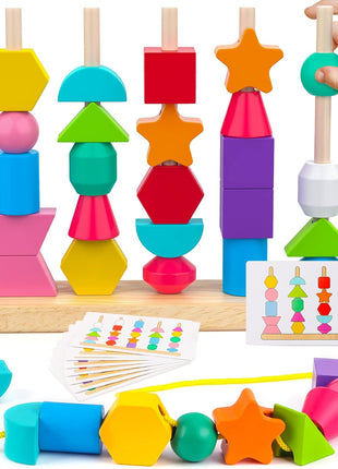 Montessori Wooden Beads Sequencing Toy Set, Stacking Blocks & Lacing Beads & Matching Shape Stacker, Montessori Toys for 3 4 5 Year Old STEM Preschool Learning Toys Gifts for Kids Boy Girl Toddler