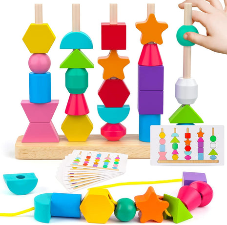 Montessori Wooden Beads Sequencing Toy Set, Stacking Blocks & Lacing Beads & Matching Shape Stacker, Montessori Toys for 3 4 5 Year Old STEM Preschool Learning Toys Gifts for Kids Boy Girl Toddler
