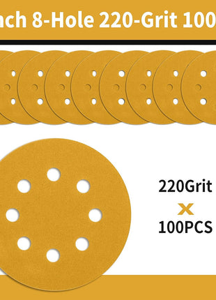 100 Pcs 5 Inch Sanding Discs Hook and Loop, 220 Grit Sandpaper for Woodworking or Automotive, 8 Hole Gold Premium Dustless Random Orbit Sandpaper