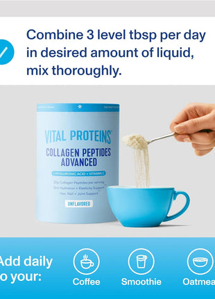 Vital Proteins Collagen Peptides Powder Advanced, Unflavored, 20oz | Hyaluronic Acid & Vitamin C, Supports Hair Skin & Nails, Collagen Peptides, 27 Servings