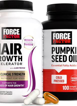 Force Factor Hair Growth Accelerator Multivitamin for Women & Men, with Lustriva, Biotin, Horsetail & Vitamins A, B12, C, D & E for Thicker Hair, Healthier Skin & Nails + Pumpkin Seed Oil Softgels
