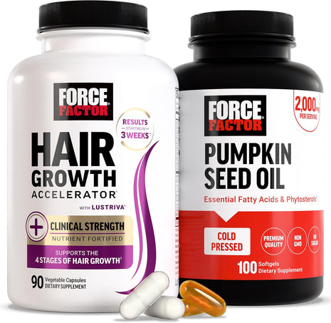 Force Factor Hair Growth Accelerator Multivitamin for Women & Men, with Lustriva, Biotin, Horsetail & Vitamins A, B12, C, D & E for Thicker Hair, Healthier Skin & Nails + Pumpkin Seed Oil Softgels