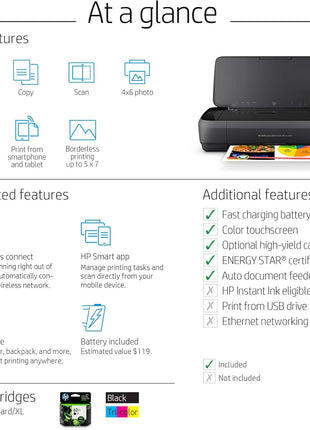 HP OfficeJet 250 Wireless Mobile Printer, Scanner, Copier - Black, Battery Included (CZ992A)