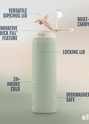Ello Pop & Fill 22oz Stainless Steel Water Bottle with Quick Fill Technology, Double Walled and Vacuum Insulated Metal, Leak Proof Locking Lid, Sip and Chug, Reusable, BPA Free, Pistachio