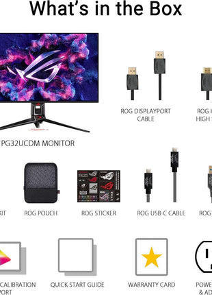 ASUS ROG Swift 32inch 4K OLED Gaming Monitor (PG32UCDM) - UHD (3840 x 2160), QD-OLED, 240Hz, 0.03ms, G-SYNC Compatible, Custom Heatsink, Graphene Film, 99% DCI-P3, True 10-bit, 90W USB-C
