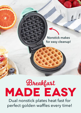 DASH Mini Waffle Maker   4 Waffle Mold, Nonstick Waffle Iron with Quick Heat Up, PTFE Nonstick Surface   Perfect Mini Waffle Maker for Kids and Families, Just Add Batter (Aqua)