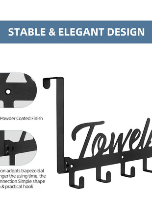 Azmoncy Over The Door Hooks, Towel Rack Towel Hooks for Bathroom, Towel Holder for Hanging Heavy Duty, Door Rack Over Door Hanger with 5 Coat Hooks for Bedroom Bathroom Kitchen, Black