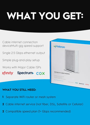 Hitron CODA56 DOCSIS 3.1 Cable Modem ONLY (NOT Fiber) | 2.5 Gbps | NO WiFi/Voice/Router | Single Ethernet Port | Xfinity/Spectrum/Cox Compatible | Requires Separate WiFi Router