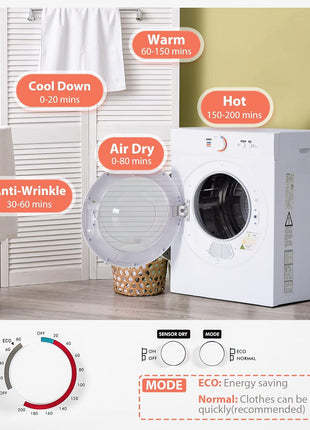 Euhomy Compact Dryer 1.8 cu. ft. Portable Clothes Dryers with Exhaust Duct with Stainless Steel Liner Four Function Small Dryer Machine, Suitable for Apartments, Dorm, RVs, White