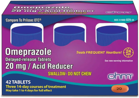 Ohm Omeprazole 20mg, 42 Delayed Release Tablets, Acid Reducer for Frequent Heartburn, 24 Hour Relief Heartburn Medicine, Helps Relieve Stomach & Chest Discomfort (6 Weeks of Supply, 42, Count)