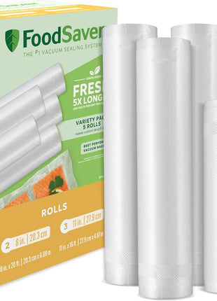 FoodSaver Custom Length Vacuum Sealer Bags Multipack, 5 Count Rolls for Airtight Food Storage and Sous Vide   Compatible with FoodSaver, 8 (2 Pack) and 11 (3 Pack)