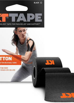 KT Tape, Original Cotton, Elastic Kinesiology Tape, Everyday Muscle and Joint Support, Daily Pain Relief, 20 Count, 10" Precut Strips, Black