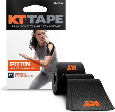 KT Tape, Original Cotton, Elastic Kinesiology Tape, Everyday Muscle and Joint Support, Daily Pain Relief, 20 Count, 10" Precut Strips, Black