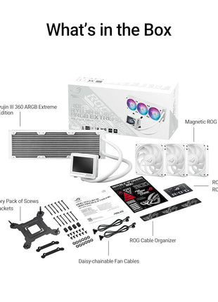 ASUS ROG RYUJIN III 360 ARGB EXTREME White Edition all-in-one AIO CPU liquid cooler, AMD Ryzen 9000 & Intel® CoreTM Ultra Ready, Asetek Gen8 V2 pump;high airflow static pressure magnetic fans; 3.5 inch LCD