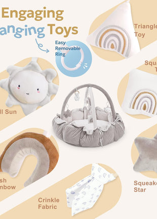 5-in-1 Thick & Plush Baby Play Gym, Baby Play Mats for Floor, Tummy Time Mat with 6 Toys, Convertible Stage-Based Developmental from Babies to Toddlers, Ball Pit, Pet Cushion Cloudico, Grey