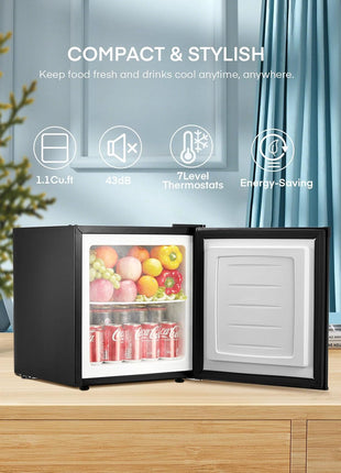 1.1 Cu.Ft Mini Freezer, Compact Countertop Freezer with Reversible Door and 7 Adjustable Temperature, Removable Wire Shelf for Dorm/Apartment/Office/RV, New Black