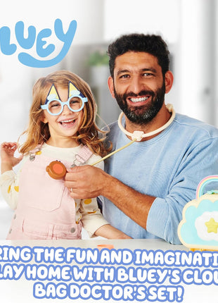 Bluey Cloud Bag Doctor Playset, 7 Pretend Check-Up Accessories | Portable medical kit with stethoscope, badge & Dr. Bluey glasses; toddler toy for kids ages 3+